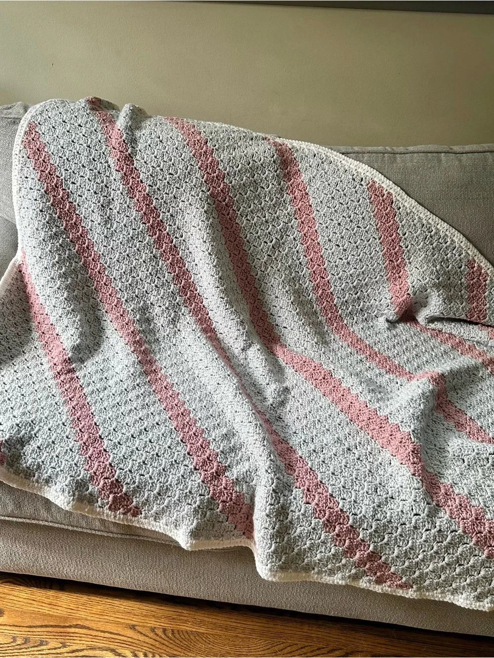 Hand Crocheted Gray Throw Blanket w Pink Accent Stripes White Border Baby Crib